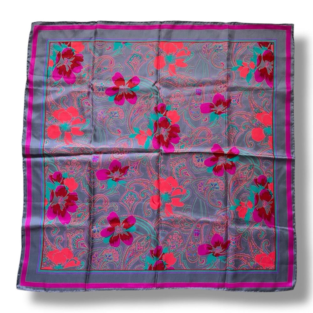 Vintage 100% Silk Gray & Pink Purple Floral Scarf 28” X 28” Women Fashion